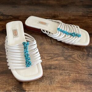 Talbots Winnie‎ white multi strap square toe turquoise stone sandals women's 8.5